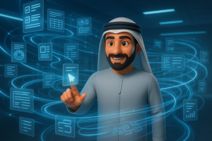 A 3D-rendered image of a friendly Emirati man in traditional attire standing in the reception area of Al Qalam Typing Center in Sharjah.